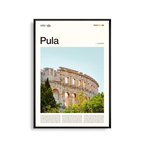 Impression Pula Croatie, art mural Pula, affiche de Pula, photo de Pula, amphithéâtre romain, côte Adriatique, paysage urbain historique, décoration côtière