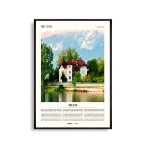 Arte mural de Bled, Eslovenia, impresión de paisaje del lago alpino y el castillo, póster de Bled, fotografía panorámica del lago Bled, decoración de naturaleza europea