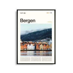 Arte mural de Bergen, Noruega, impresión de un colorido puerto y paisaje montañoso, póster de Bergen, fotografía panorámica de una ciudad en un fiordo, costa escandinava