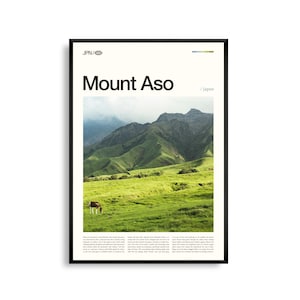 Arte mural del Monte Aso, Japón, impresión fotográfica de paisaje volcánico, póster del Monte Aso, decoración escénica de Kyushu, decoración para el hogar inspirada en la naturaleza.