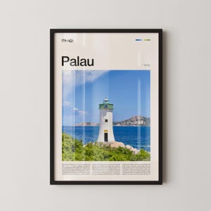May include: Framed print showing a white lighthouse with a green top, set against a blue sea and sky. The word "Palau" is displayed in large black letters, with "Italy" below. The image is framed in black.