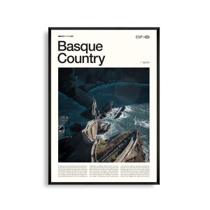 Arte mural del País Vasco, España. Impresión de paisaje de montaña y costa. Póster del País Vasco. Fotografía panorámica del norte de España.