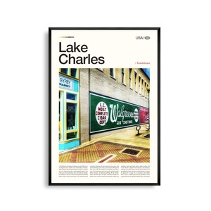 Arte mural de Lake Charles, Luisiana, impresión de paisaje urbano costero, póster de Lake Charles, fotografía panorámica del suroeste de Luisiana, Bayou Country