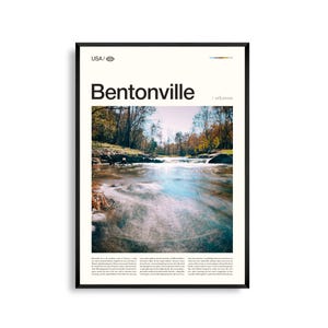 Impresión de Bentonville, Arkansas, Arte mural de Bentonville, Póster de Bentonville, Foto de paisaje de los Ozarks, Decoración de pueblos pequeños, Arte natural escénico