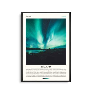 Arte mural de Islandia, majestuoso paisaje nórdico y aurora boreal, póster de Islandia, fotografía escénica, decoración inspirada en la naturaleza