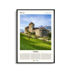 Vaduz-print Liechtenstein, Vaduz-muurkunst, Vaduz-poster, Vaduz-foto, Vaduz-kasteel, Rijndal, decor alpine stadsgezicht