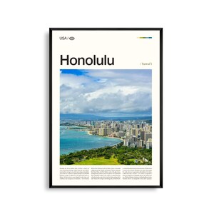 Art mural Honolulu Hawaï, impression paysage urbain tropical, affiche Honolulu, photographie côtière pittoresque, décor de l'île d'Oahu