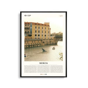 Arte mural de Murcia, España, impresión de paisaje urbano histórico con vistas al río, póster de Murcia, fotografía panorámica del sureste de España, decoración mediterránea