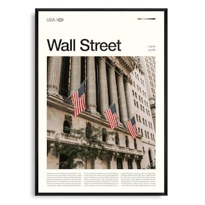 Art mural New York Wall Street, impression paysage urbain du quartier financier, affiche de Wall Street, photographie pittoresque du Lower Manhattan, décoration emblématique de New York