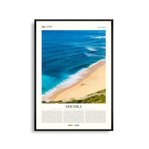 Arte mural de Ericeira Portugal, acantilado costero y ciudad de surf, cartel de Ericeira, fotografía escénica de la costa atlántica, decoración portuguesa