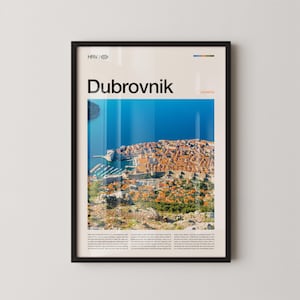 May include: A framed poster featuring a scenic aerial view of Dubrovnik, Croatia, with the city's red-tiled roofs and the blue Adriatic Sea. The poster includes the city name in large black text and the country name.