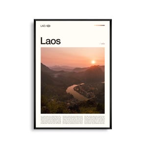Arte mural de Laos, impresión de paisaje de montaña y río, póster de Laos, fotografía panorámica del sudeste asiático, decoración natural de la región del Mekong