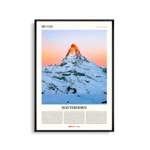 Arte mural del Matterhorn, Suiza. Impresión fotográfica de un icónico paisaje alpino. Póster del Matterhorn. Decoración natural.