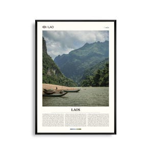 Arte mural de Laos, impresión de paisaje de montaña y río, póster de Laos, fotografía panorámica del sudeste asiático, decoración natural de la región del Mekong