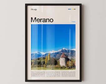 May include: Framed poster featuring the word "Merano" above a scenic landscape. The image shows a castle with a red roof, snow-capped mountains, and a vibrant blue sky. The poster includes the text "ITA / Italy".