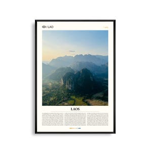 Arte mural de Laos, impresión de paisaje de montaña y río, póster de Laos, fotografía panorámica del sudeste asiático, decoración natural de la región del Mekong