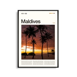 Arte mural de Maldivas, impresión de isla tropical y bungalow sobre el agua, póster de Maldivas, fotografía panorámica del océano Índico, decoración de playa paradisíaca