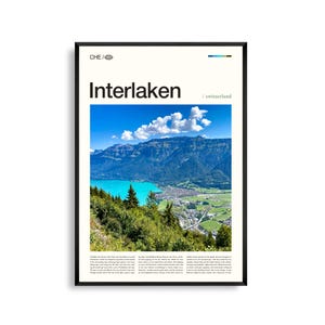 Arte mural de Interlaken, Suiza. Impresión de paisaje alpino y atardecer en el lago. Póster de Interlaken. Fotografía escénica europea. Decoración natural.