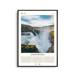 Arte mural de la cascada de Gullfoss, impresión de paisaje de cascada de Islandia, póster de Gullfoss, fotografía de naturaleza escénica, decoración de viajes nórdicos