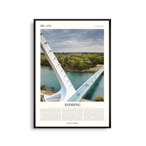 Impression Redding Californie, oeuvre d'art murale Redding, affiche Redding, photo Redding, pont cadran solaire, lac Shasta, parc national volcanique de Lassen