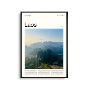 Arte mural de Laos, impresión de paisaje de montaña y río, póster de Laos, fotografía panorámica del sudeste asiático, decoración natural de la región del Mekong