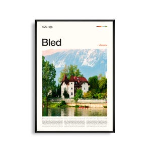 Arte mural de Bled, Eslovenia, impresión de paisaje del lago alpino y el castillo, póster de Bled, fotografía panorámica del lago Bled, decoración de naturaleza europea