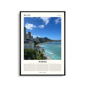 Impression Waikiki Hawaï, art mural Waikiki, affiche Waikiki, photo côtière, déco coucher de soleil sur la plage, paysage d'île tropicale