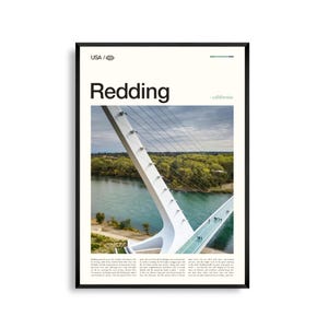 Impression Redding Californie, oeuvre d'art murale Redding, affiche Redding, photo Redding, pont cadran solaire, lac Shasta, parc national volcanique de Lassen