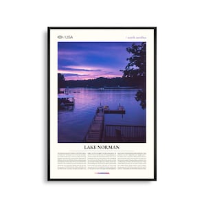 Arte mural del lago Norman, Carolina del Norte, impresión de paisaje junto al lago, póster del lago Norman, fotografía panorámica costera, decoración de naturaleza sureña