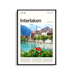 Arte mural de Interlaken, Suiza. Impresión de paisaje alpino y atardecer en el lago. Póster de Interlaken. Fotografía escénica europea. Decoración natural.