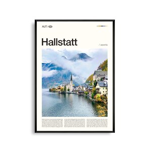 Arte mural de Hallstatt, Austria, impresión de pueblo junto al lago y atardecer alpino, póster de Hallstatt, fotografía escénica europea, decoración natural