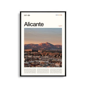 Arte mural de Alicante, España, impresión de paisaje urbano costero y castillo, póster de Alicante, fotografía panorámica de la Costa Blanca, decoración mediterránea