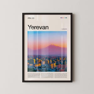 May include: Framed art print featuring the city of Yerevan, Armenia, with a vibrant sunset over the cityscape. The print includes the city name in bold text, with the country name below. The artwork is encased in a black frame.