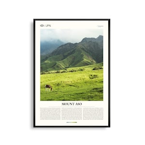 Arte mural del Monte Aso, Japón, impresión fotográfica de paisaje volcánico, póster del Monte Aso, decoración escénica de Kyushu, decoración para el hogar inspirada en la naturaleza.