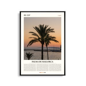 Arte mural de Palma de Mallorca, España. Impresión de paisaje urbano costero y catedral. Póster de Palma. Fotografía panorámica de las Islas Baleares. Mediterráneo.