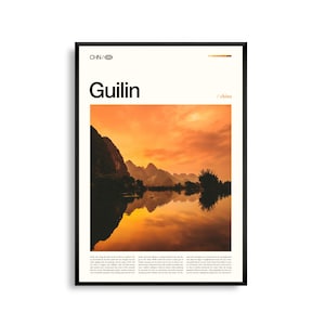Arte mural de Guilin, China, impresión de paisaje de montaña kárstica y atardecer en el río Li, póster de Guilin, fotografía escénica de Asia Oriental, decoración natural
