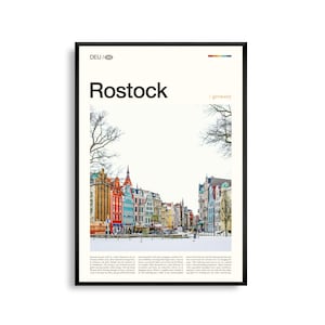 Impression Rostock Allemagne, oeuvre d'art murale Rostock, affiche de Rostock, photo de Rostock, mer Baltique, Warnemünde, port historique, décoration de ville côtière