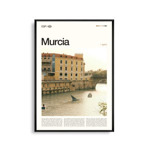 Arte mural de Murcia, España, impresión de paisaje urbano histórico con vistas al río, póster de Murcia, fotografía panorámica del sureste de España, decoración mediterránea