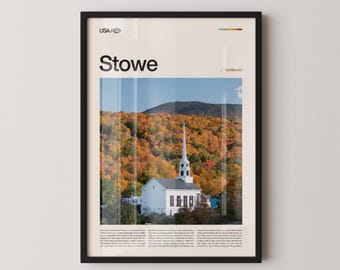 May include: Framed poster featuring a white church with a tall steeple set against a backdrop of colorful autumn foliage and a mountain range. The word "Stowe" is prominently displayed, with "Vermont" below. The poster has a black frame.