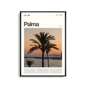 Arte mural de Palma de Mallorca, España. Impresión de paisaje urbano costero y catedral. Póster de Palma. Fotografía panorámica de las Islas Baleares. Mediterráneo.