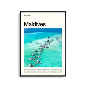 Arte mural de Maldivas, impresión de isla tropical y bungalow sobre el agua, póster de Maldivas, fotografía panorámica del océano Índico, decoración de playa paradisíaca