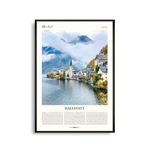 Arte mural de Hallstatt, Austria, impresión de pueblo junto al lago y atardecer alpino, póster de Hallstatt, fotografía escénica europea, decoración natural