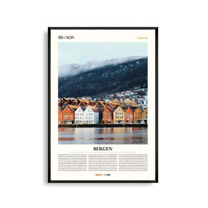 Arte mural de Bergen, Noruega, impresión de un colorido puerto y paisaje montañoso, póster de Bergen, fotografía panorámica de una ciudad en un fiordo, costa escandinava