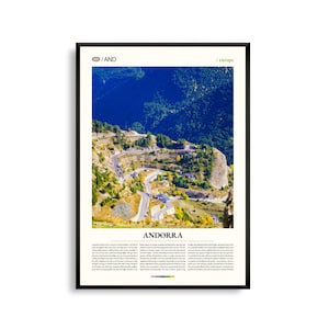 Arte mural de Andorra, impresión de paisaje montañoso, póster de Andorra, fotografía panorámica de los Pirineos, decoración de naturaleza europea