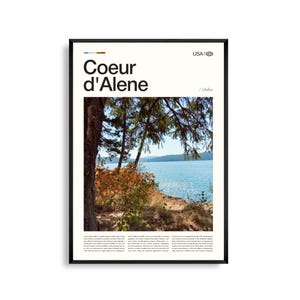 Arte mural de Coeur d'Alene, Idaho, impresión de paisaje lacustre, póster de Coeur d'Alene, fotografía de naturaleza escénica, decoración del noroeste del Pacífico