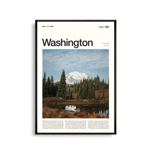 Impresión del estado de Washington, arte mural de Washington, póster de Washington, foto de paisaje montañoso, decoración natural, arte del noroeste del Pacífico