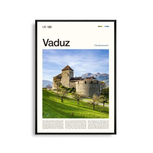 Vaduz-print Liechtenstein, Vaduz-muurkunst, Vaduz-poster, Vaduz-foto, Vaduz-kasteel, Rijndal, decor alpine stadsgezicht