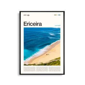 Arte mural de Ericeira Portugal, acantilado costero y ciudad de surf, cartel de Ericeira, fotografía escénica de la costa atlántica, decoración portuguesa