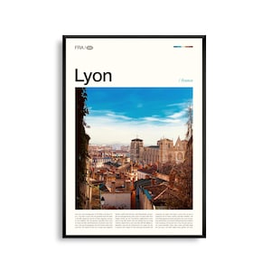 Arte mural de Lyon, Francia, impresión fotográfica de paisaje urbano histórico y río, póster de Lyon, decoración escénica europea, obra de arte de viaje