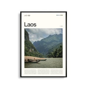 Arte mural de Laos, impresión de paisaje de montaña y río, póster de Laos, fotografía panorámica del sudeste asiático, decoración natural de la región del Mekong